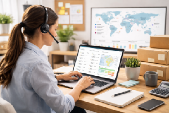 Virtual assistant managing supply chain operations and logistics tasks on a laptop